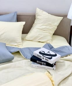 Chăn ga cotton satin Vàng Ivory phối xám