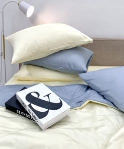 Chăn ga cotton satin Vàng Ivory phối xám
