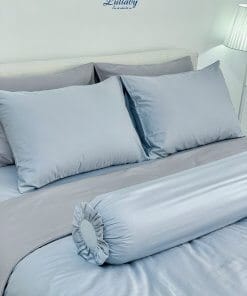 Chăn ga Cotton supima Xanh Ice blue phối xám