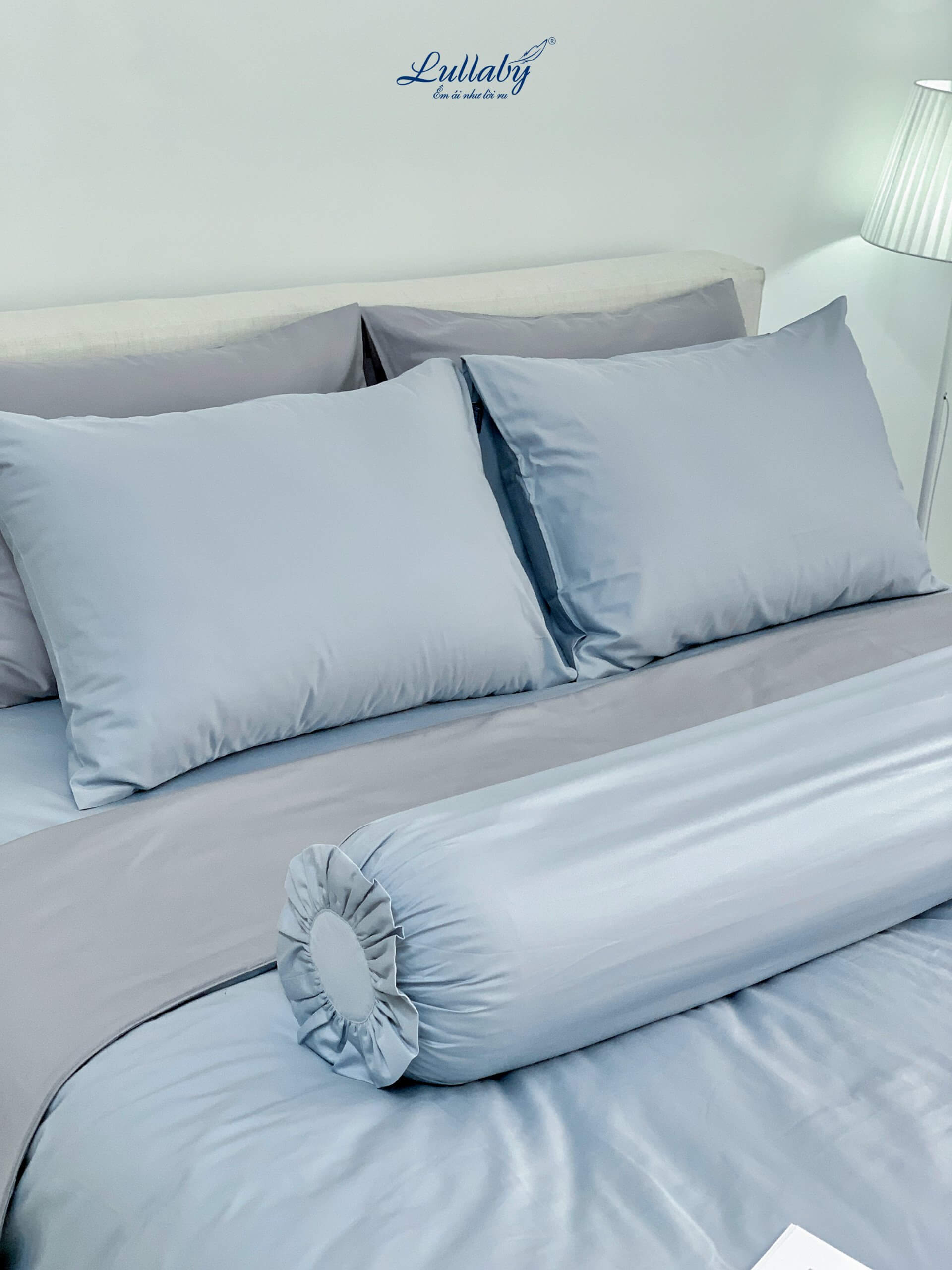 Chăn ga Cotton supima Xanh Ice blue phối xám Chăn ga Cotton supima Xanh Ice blue phối xám
