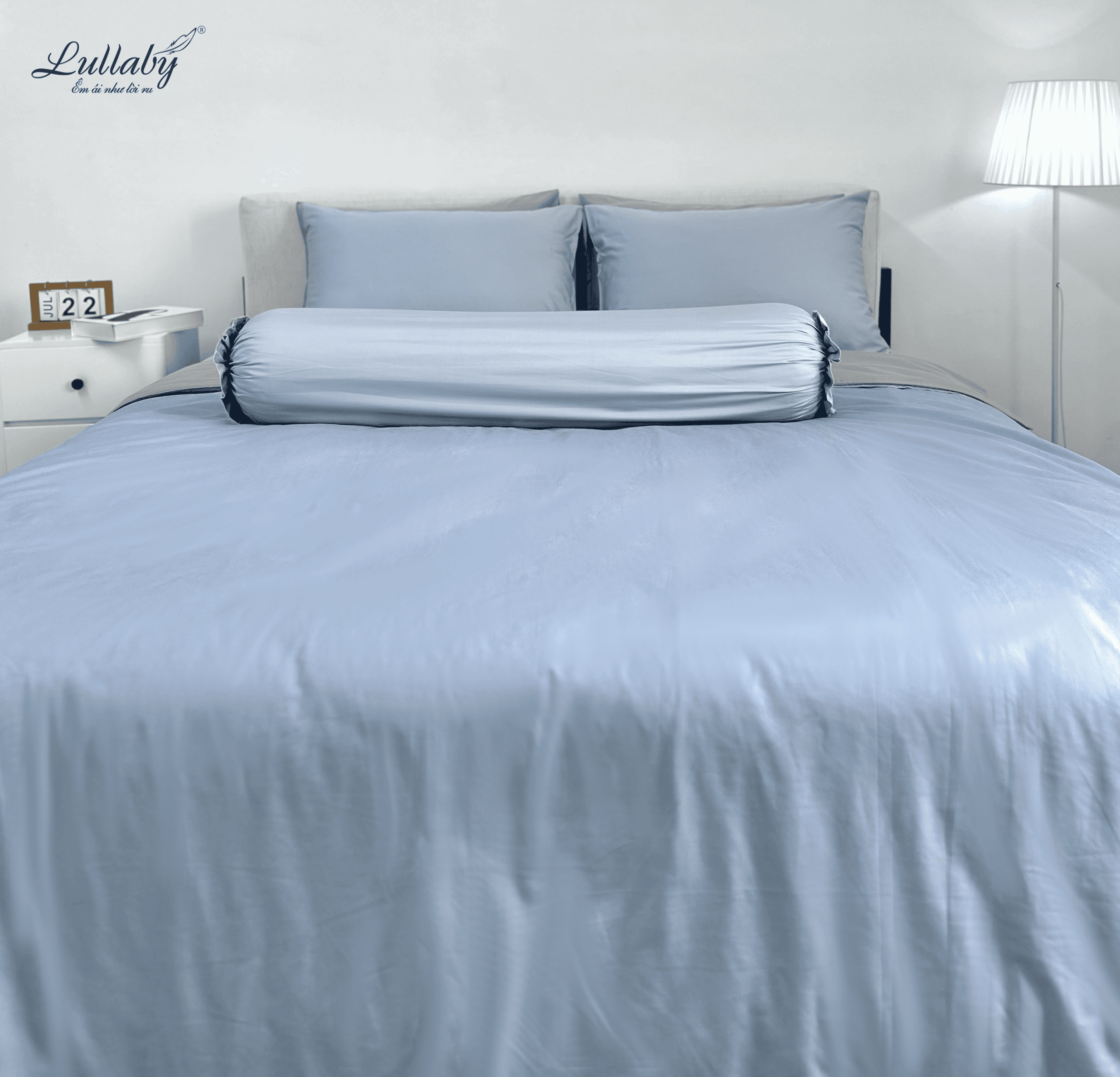 Chăn ga Cotton supima Xanh Ice blue phối xám Chăn ga Cotton supima Xanh Ice blue phối xám