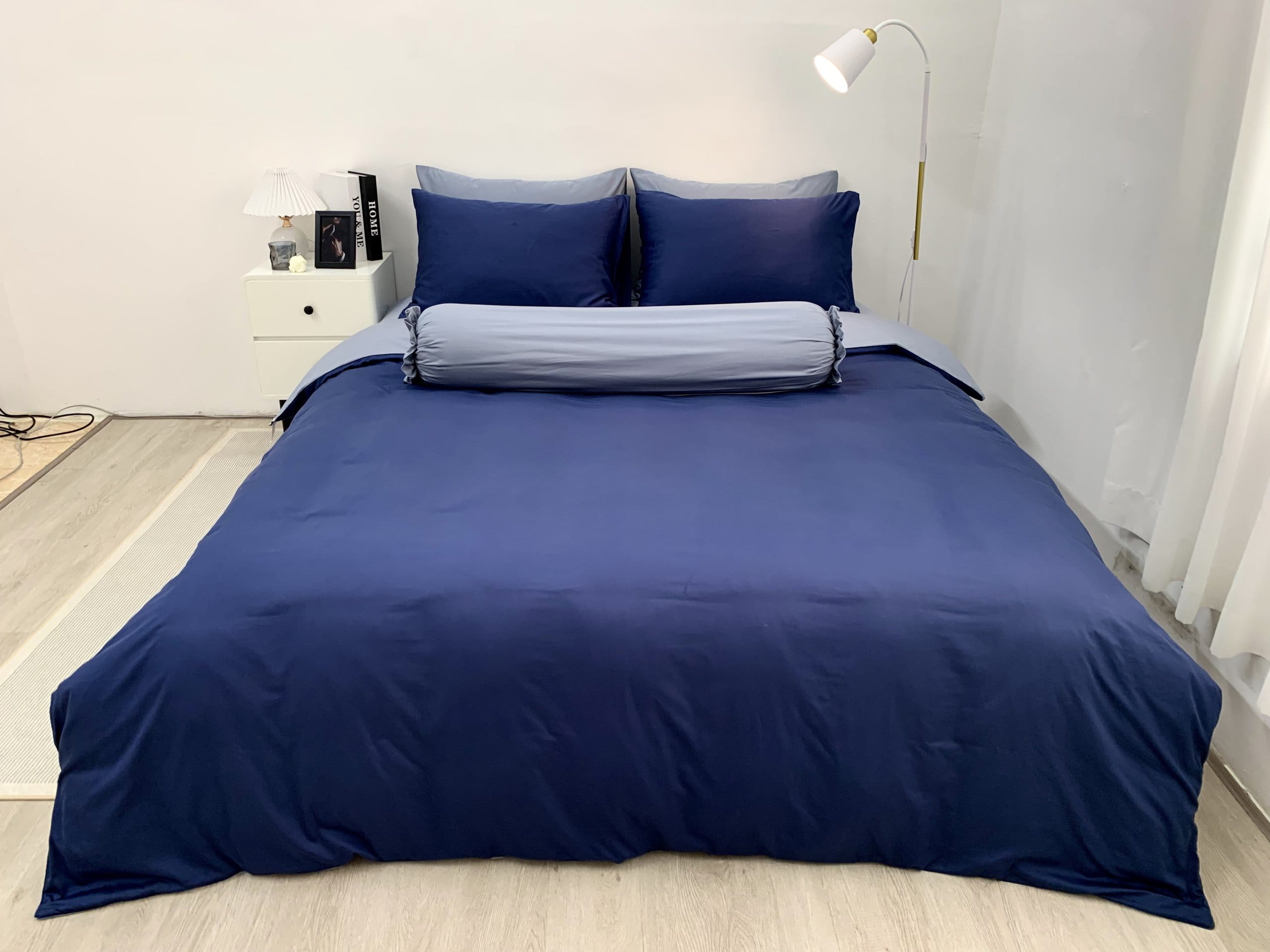 Chăn ga Cotton supima Xanh Navy phối xám Chăn ga Cotton supima Xanh Navy phối xám