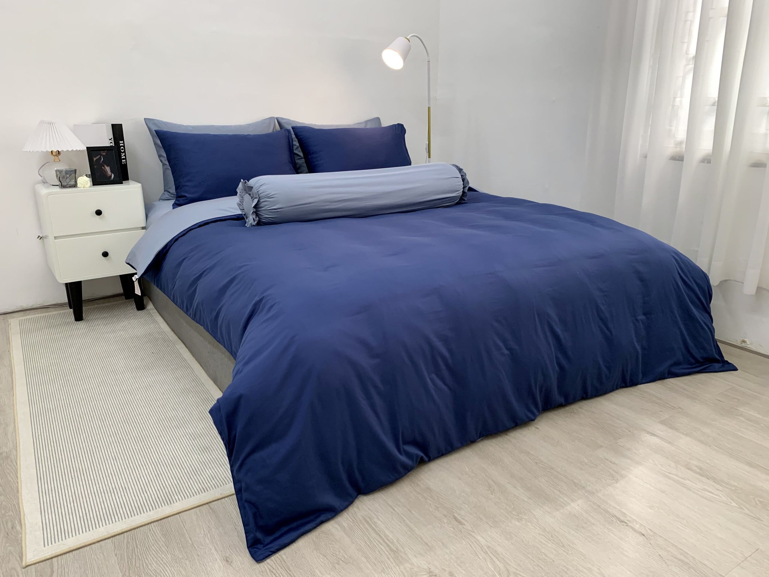 Chăn ga Cotton supima Xanh Navy phối xám Chăn ga Cotton supima Xanh Navy phối xám