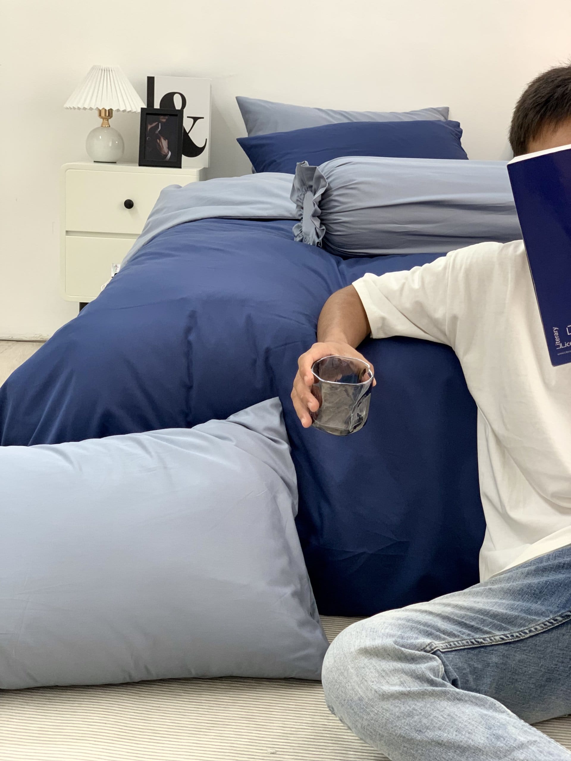 Chăn ga Cotton supima Xanh Navy phối xám Chăn ga Cotton supima Xanh Navy phối xám